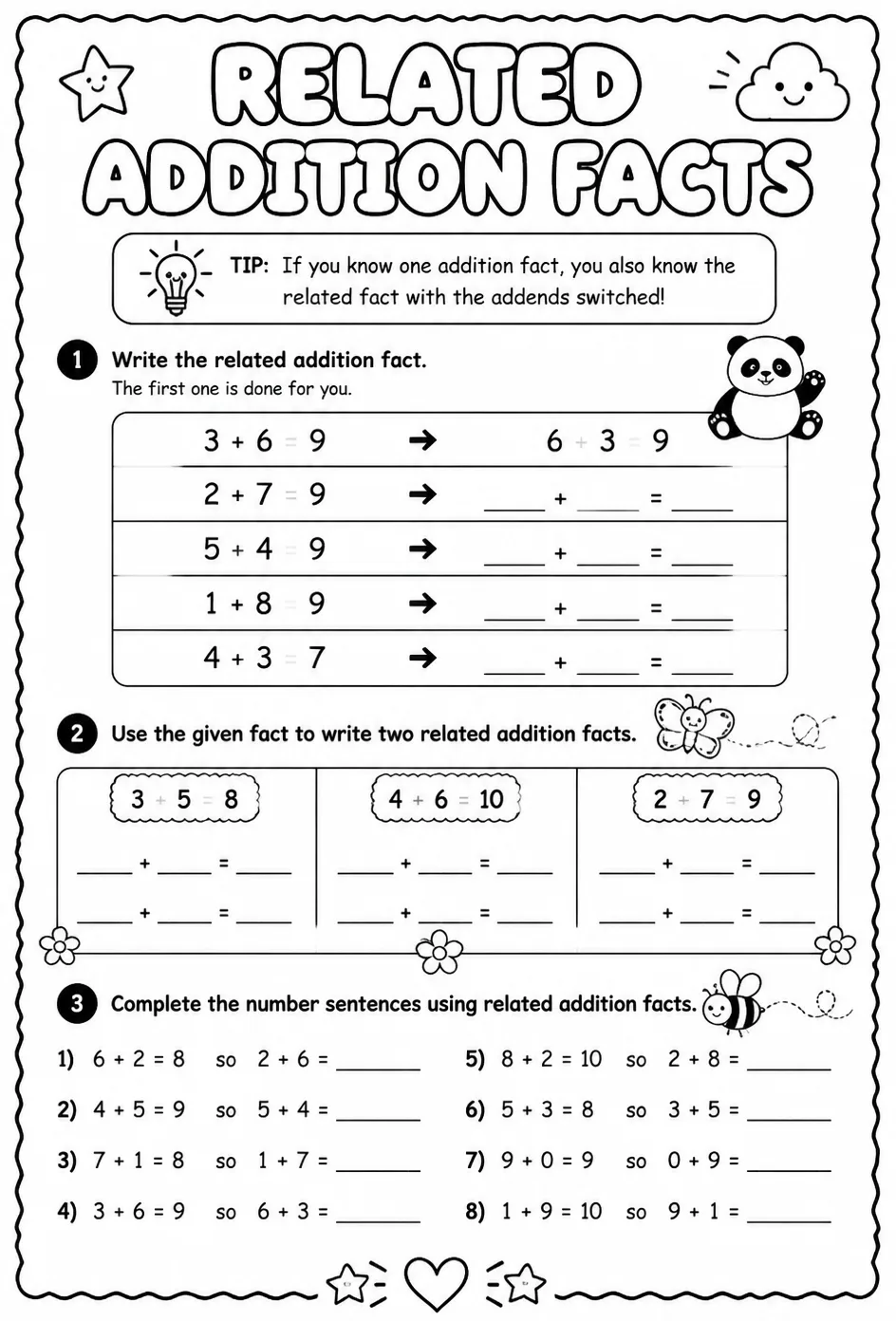 Related addition facts — free printable Grade 2 math worksheet