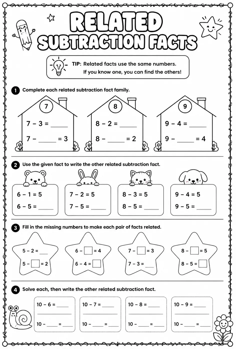 Related subtraction facts — free printable Grade 1 math worksheet
