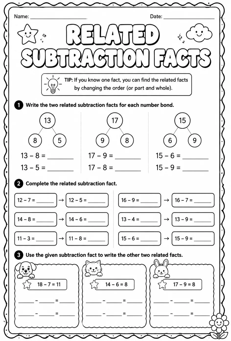 Related subtraction facts — free printable Grade 2 math worksheet