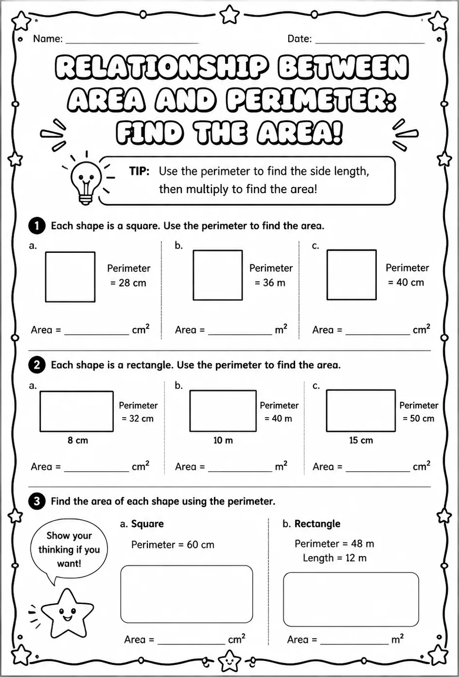 Relationship between area and perimeter: find the area — free printable Grade 3 math worksheet