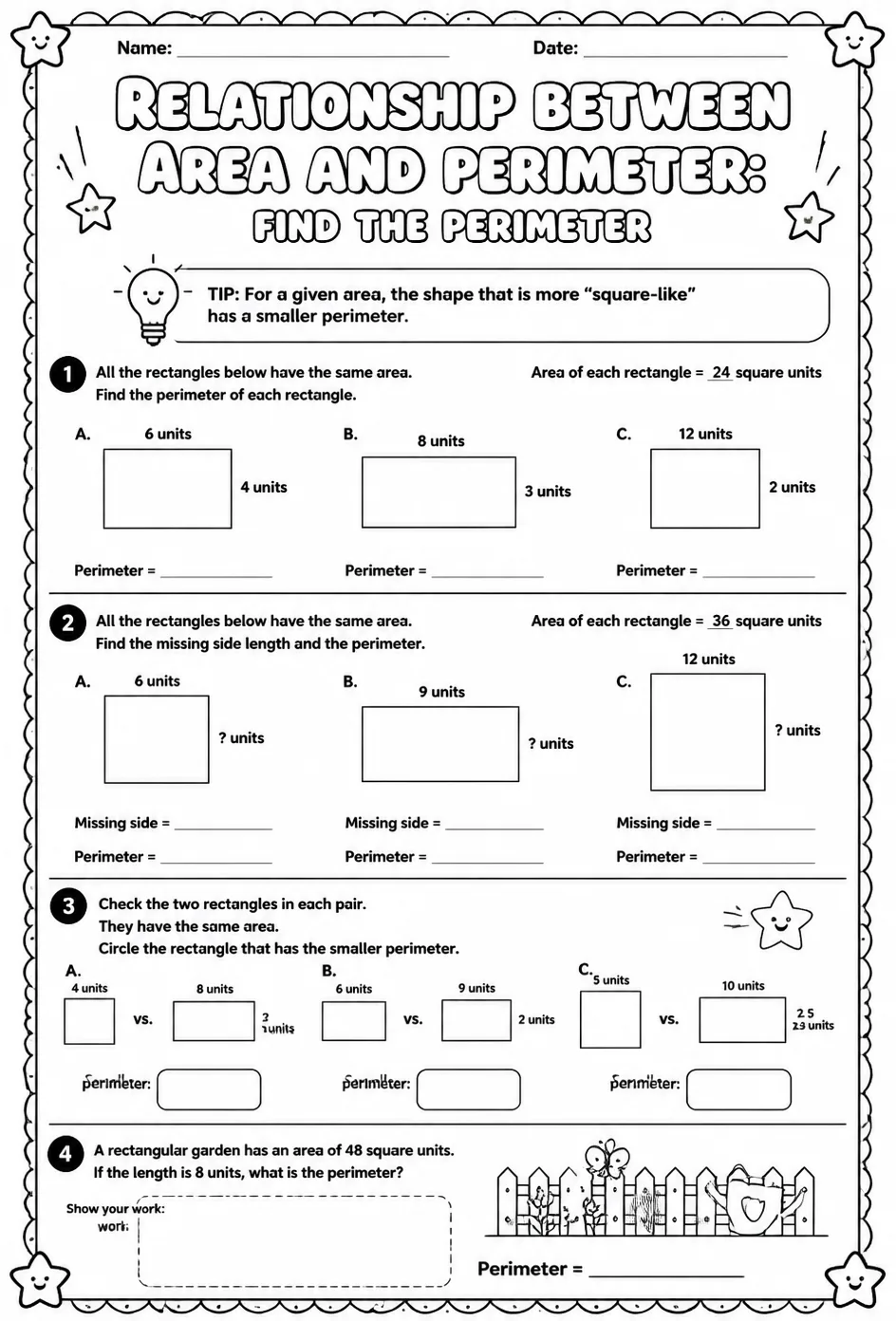 Relationship between area and perimeter: find the perimeter