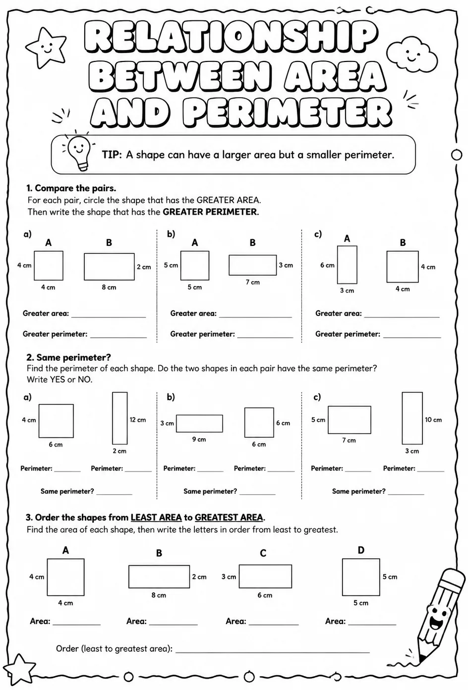 Relationship between area and perimeter — free printable Grade 4 math worksheet