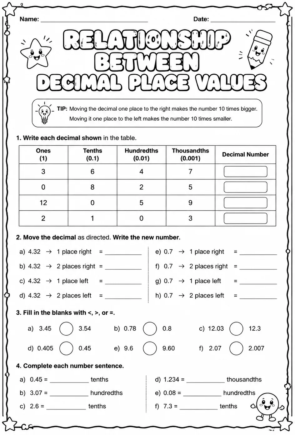 Relationship between decimal place values — free printable Grade 5 math worksheet