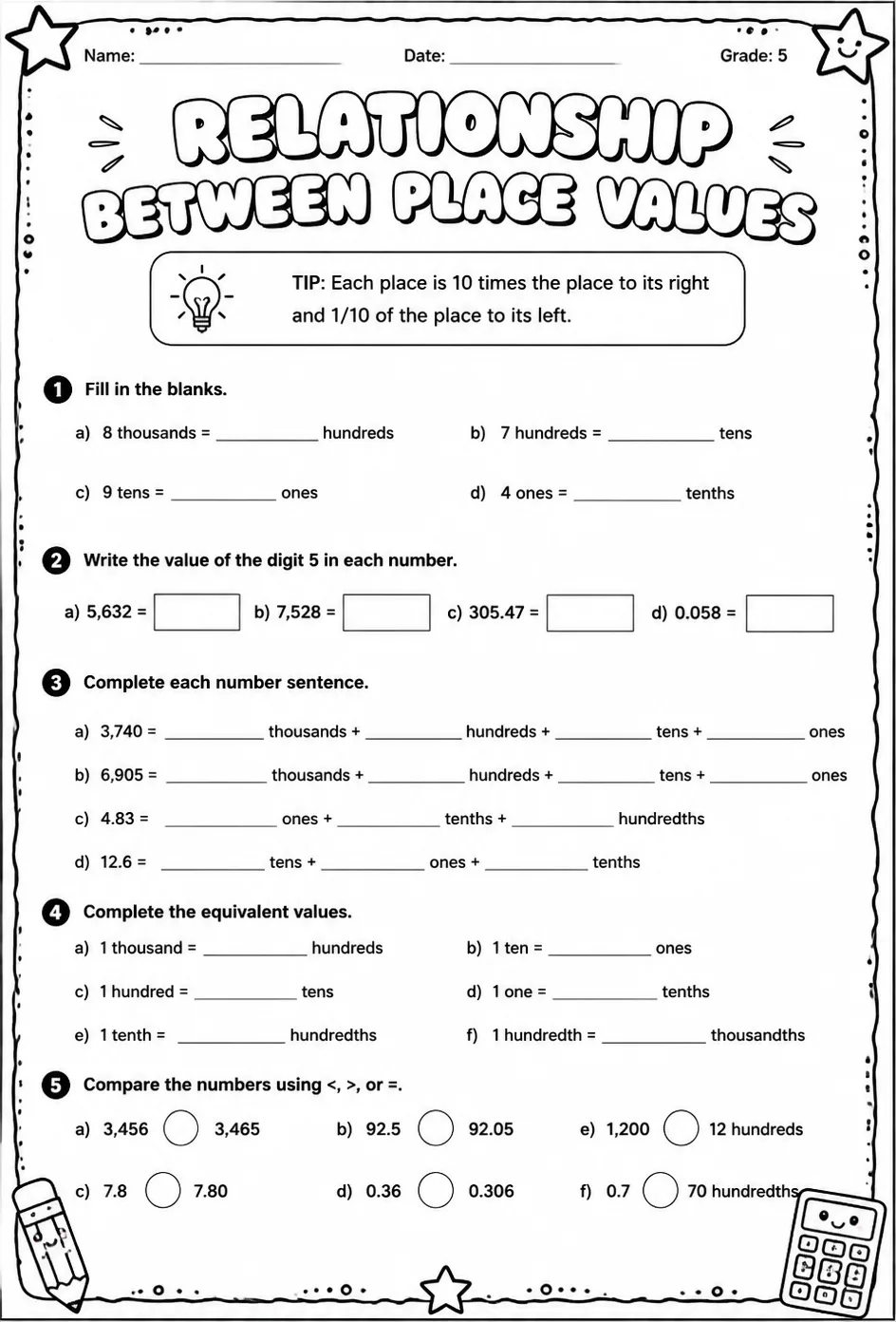 Relationship between place values — free printable Grade 5 math worksheet