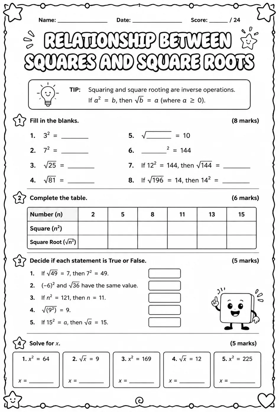 Relationship between squares and square roots — free printable Grade 8 math worksheet