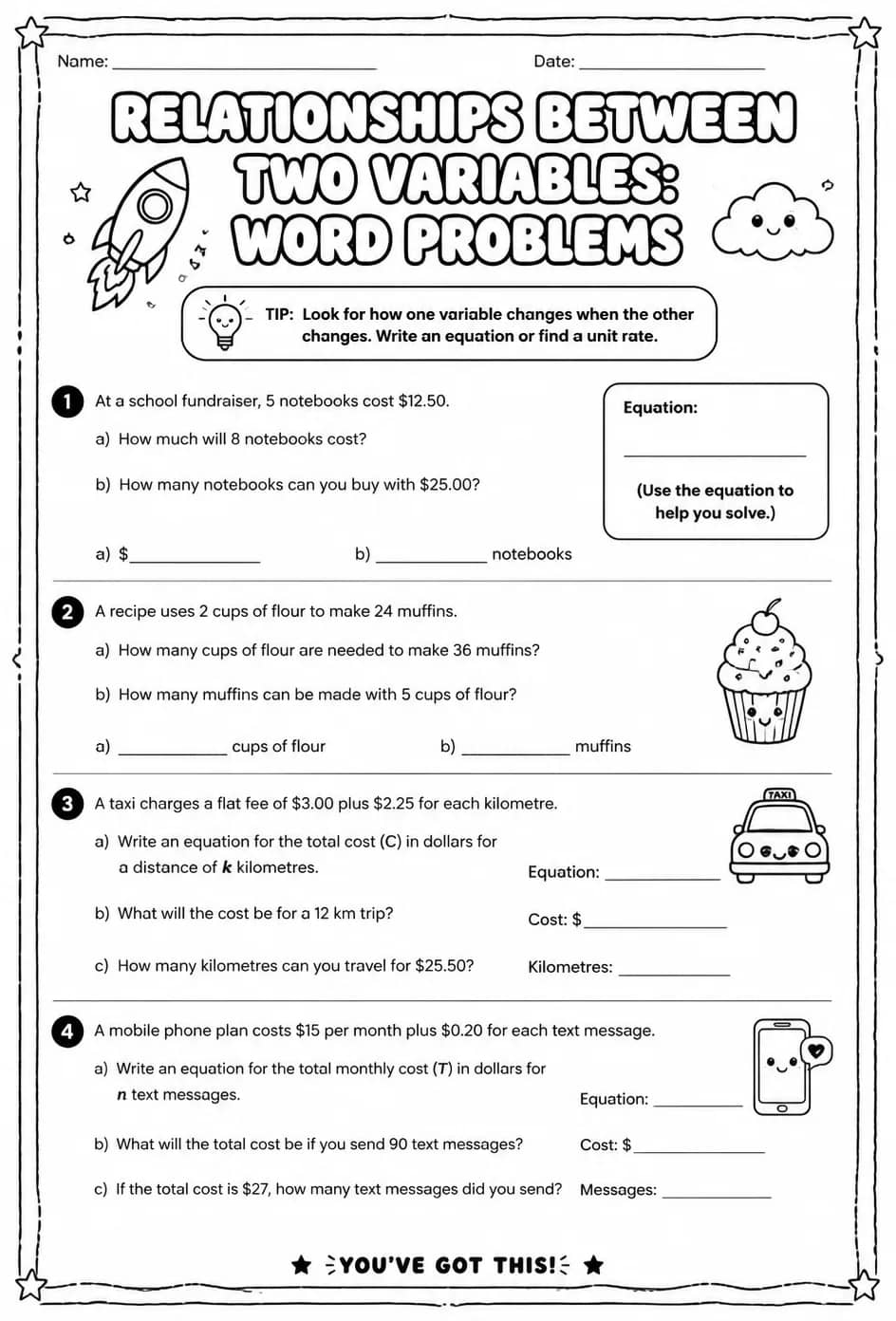 Relationships between two variables: word problems — free printable Grade 6 math worksheet