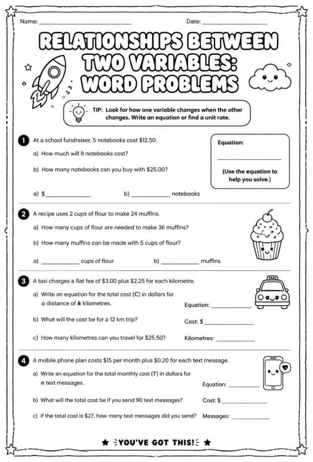 Relationships between two variables: word problems