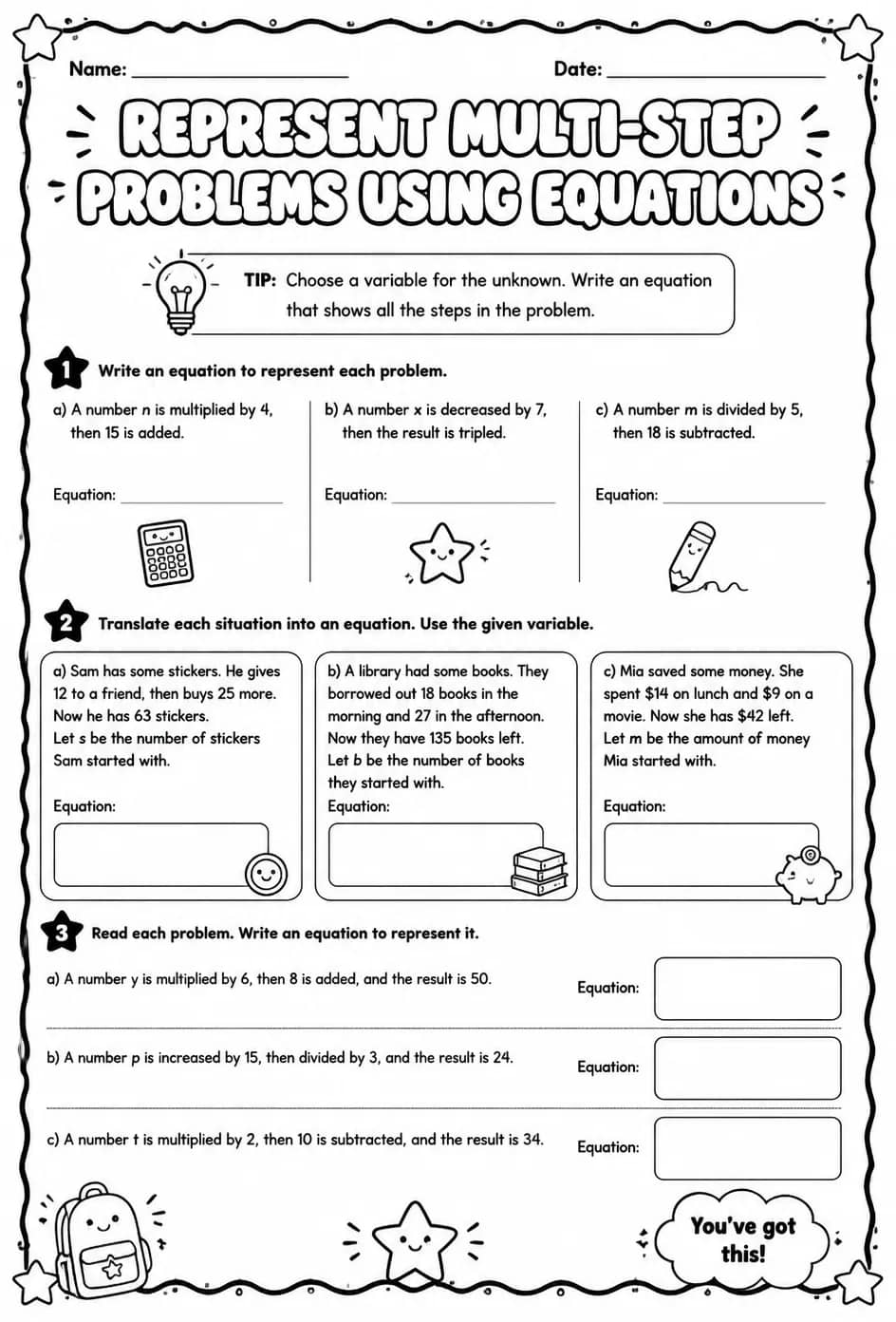 Represent multi-step problems using equations — free printable Grade 5 math worksheet