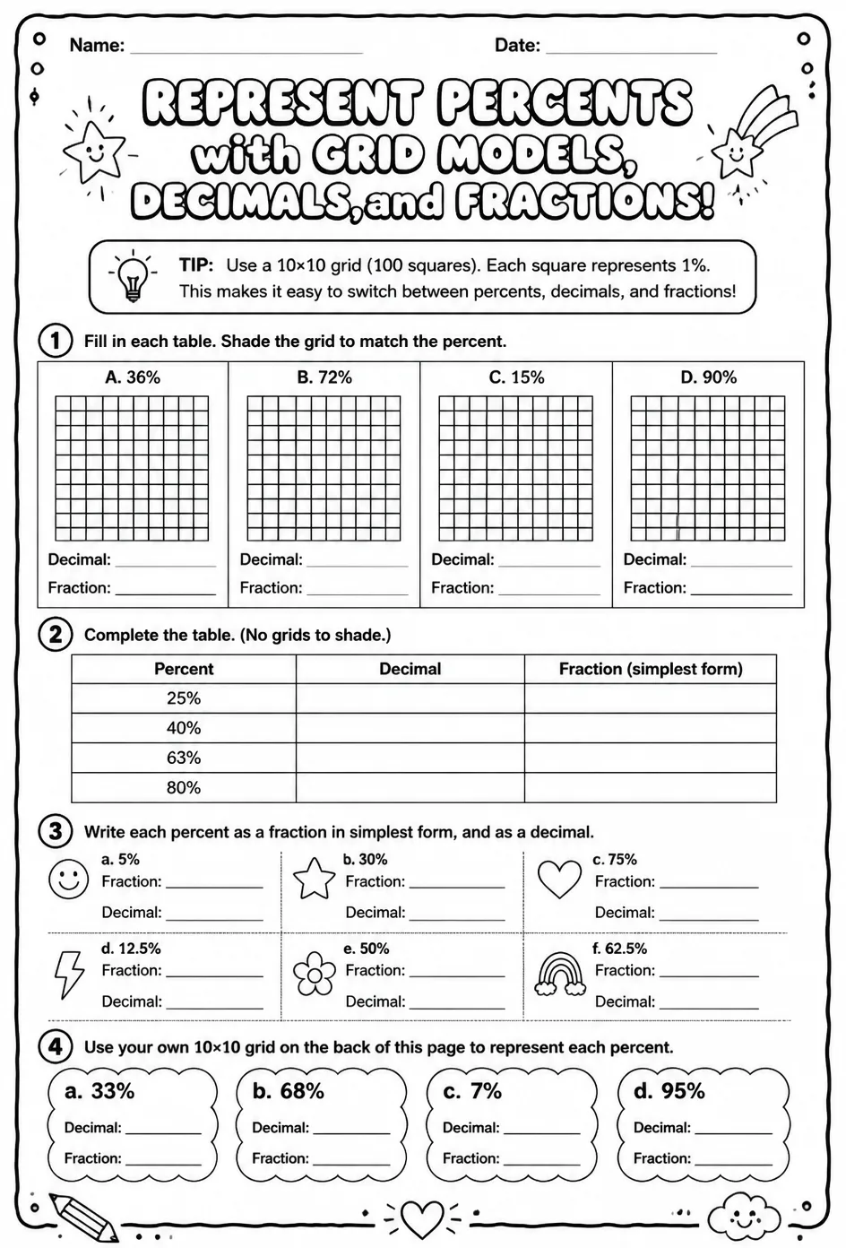 Represent percents with grid models, decimals, and fractions — free printable Grade 6 math worksheet