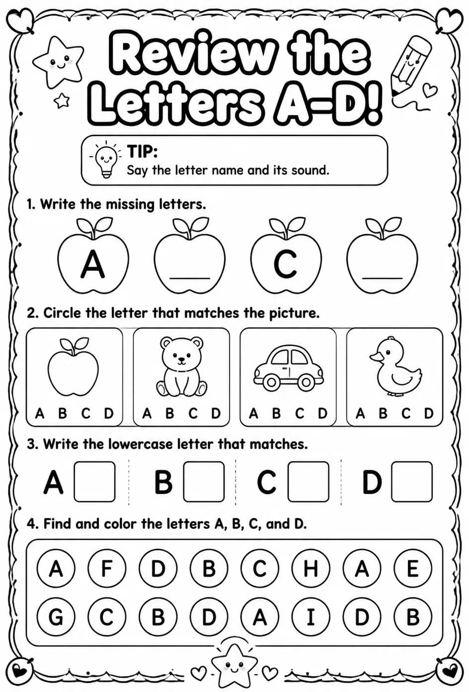 Review the letters A–D — free printable Reading foundations English worksheet