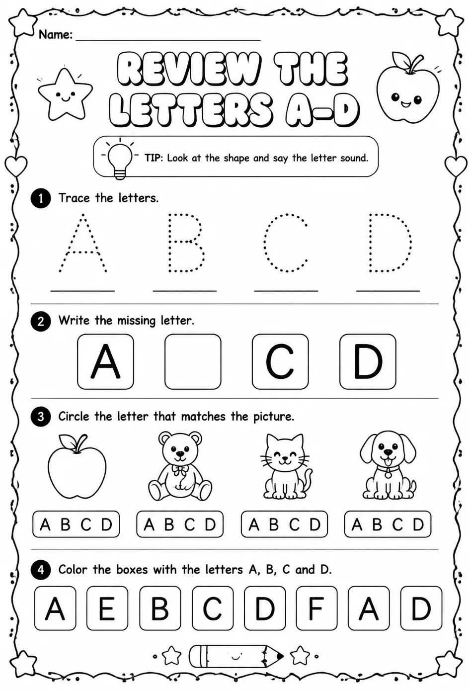 Review the letters A–D — free printable Pre-K English & Reading worksheet