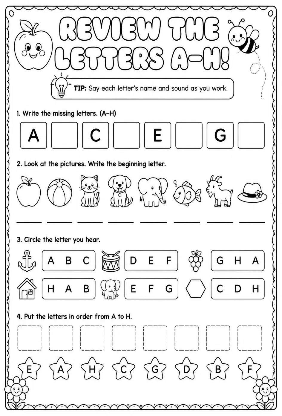 Review the letters A–H — free printable Reading foundations English worksheet