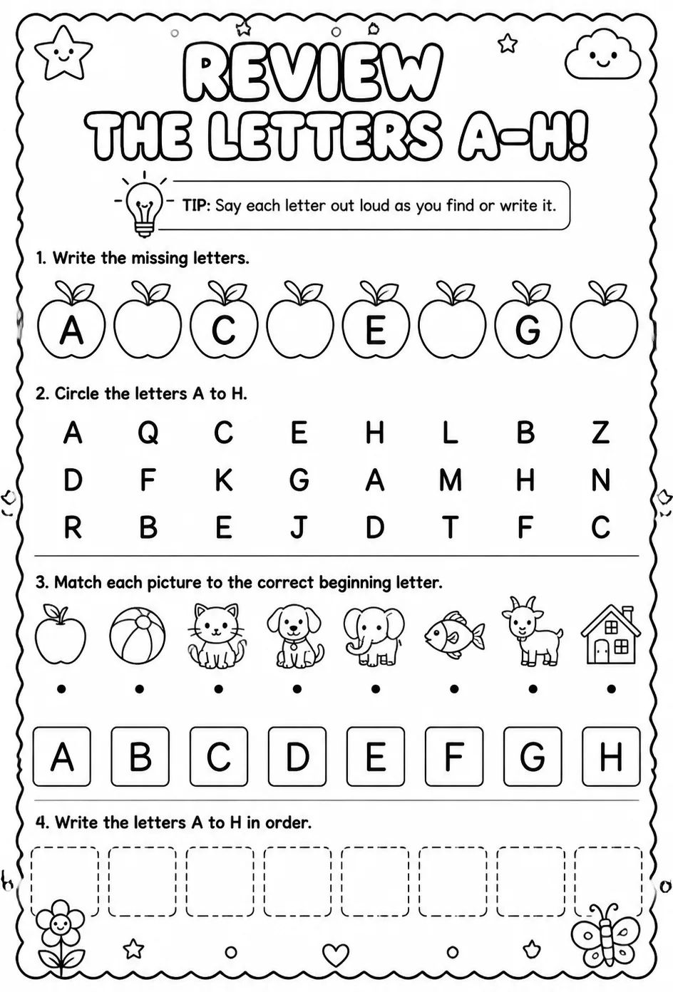 Review the letters A–H — free printable Pre-K English & Reading worksheet