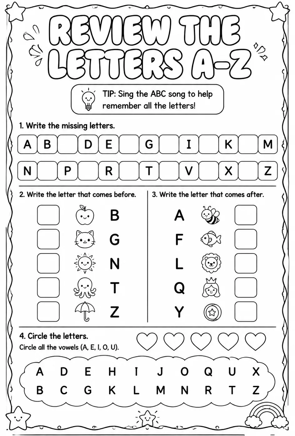 Review the letters A–Z — free printable Reading foundations English worksheet