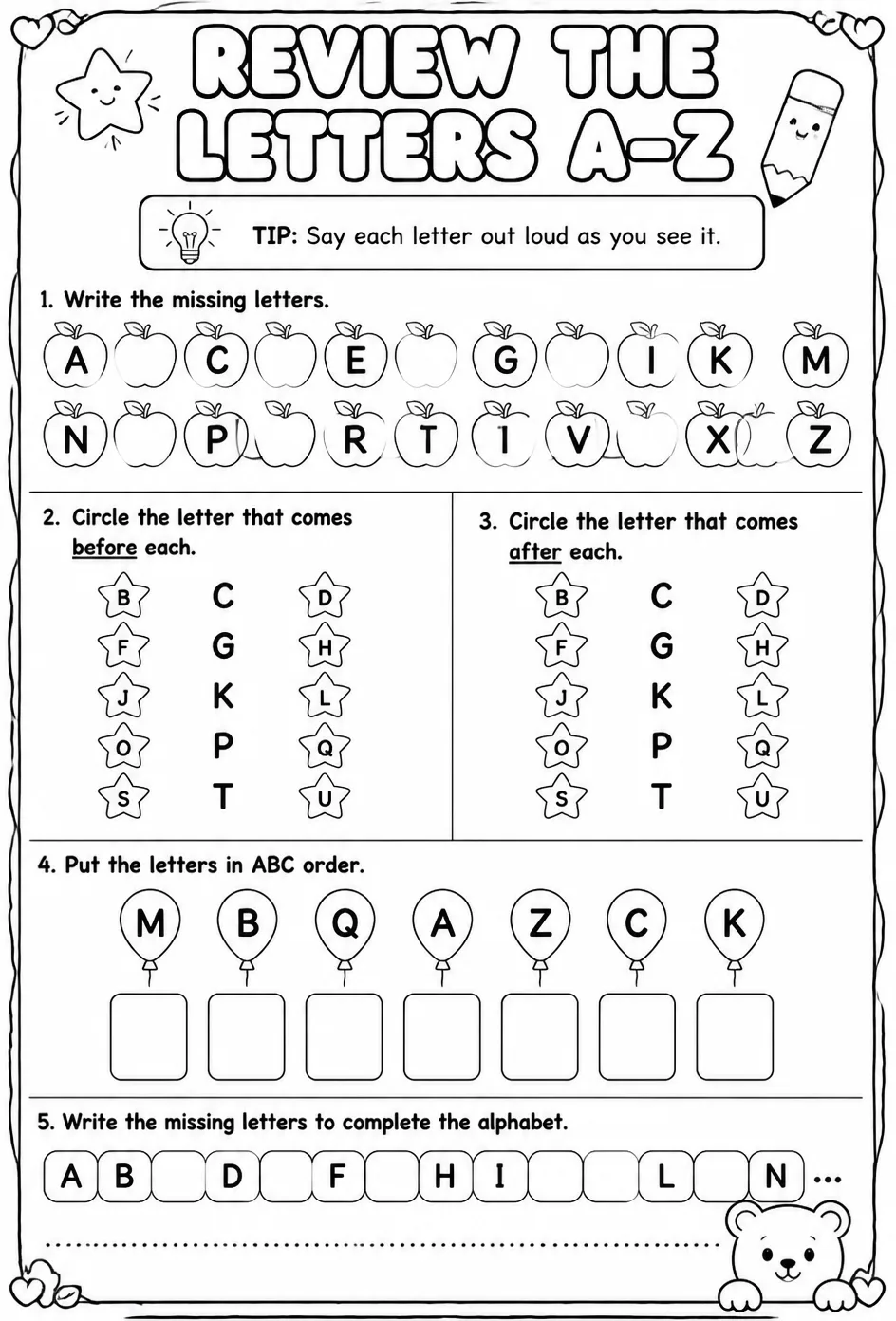 Review the letters A–Z — free printable Pre-K English & Reading worksheet