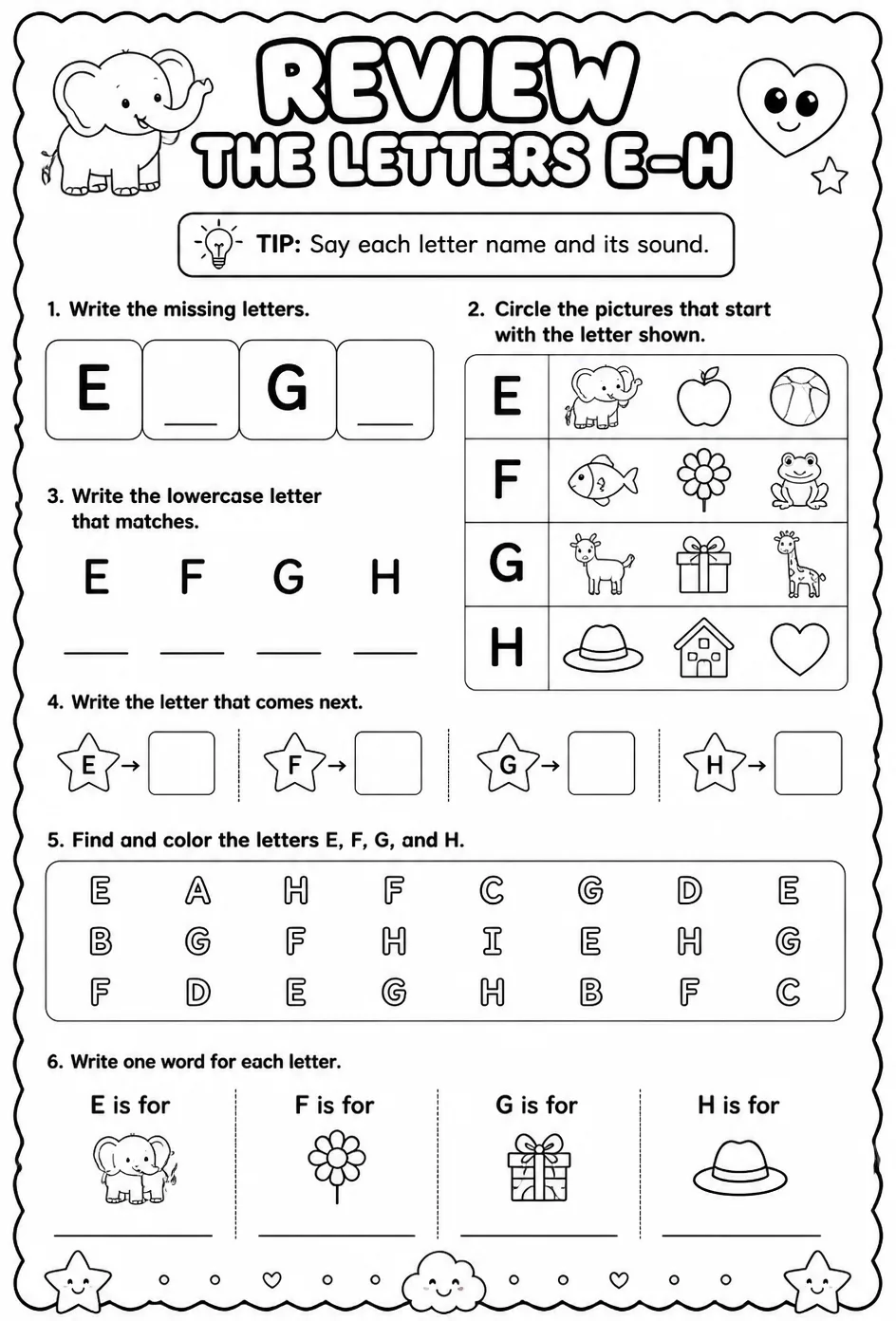 Review the letters E–H — free printable Reading foundations English worksheet