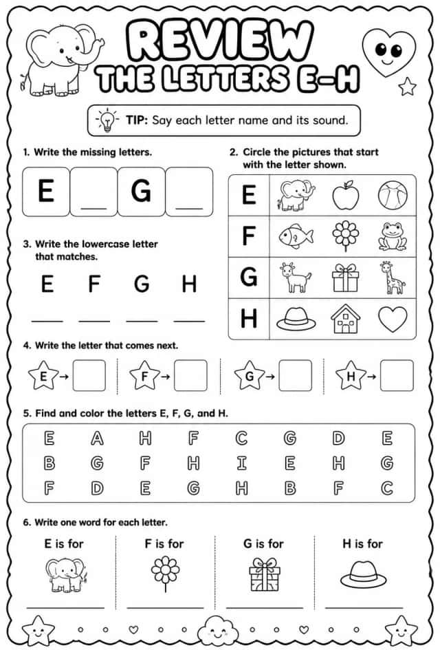 Review the letters E–H