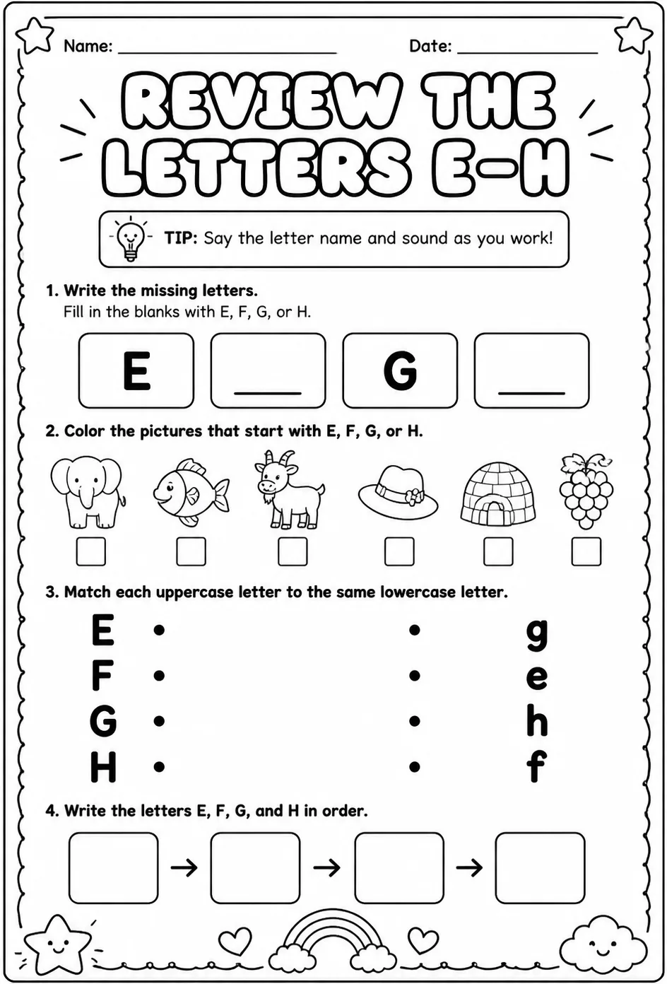 Review the letters E–H — free printable Pre-K English & Reading worksheet