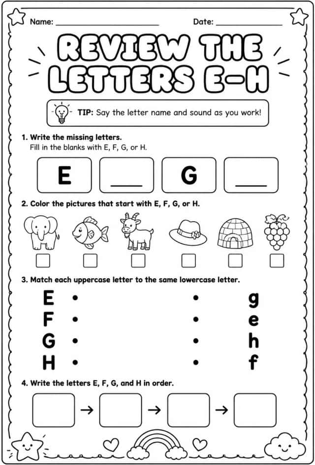 Review the letters E–H