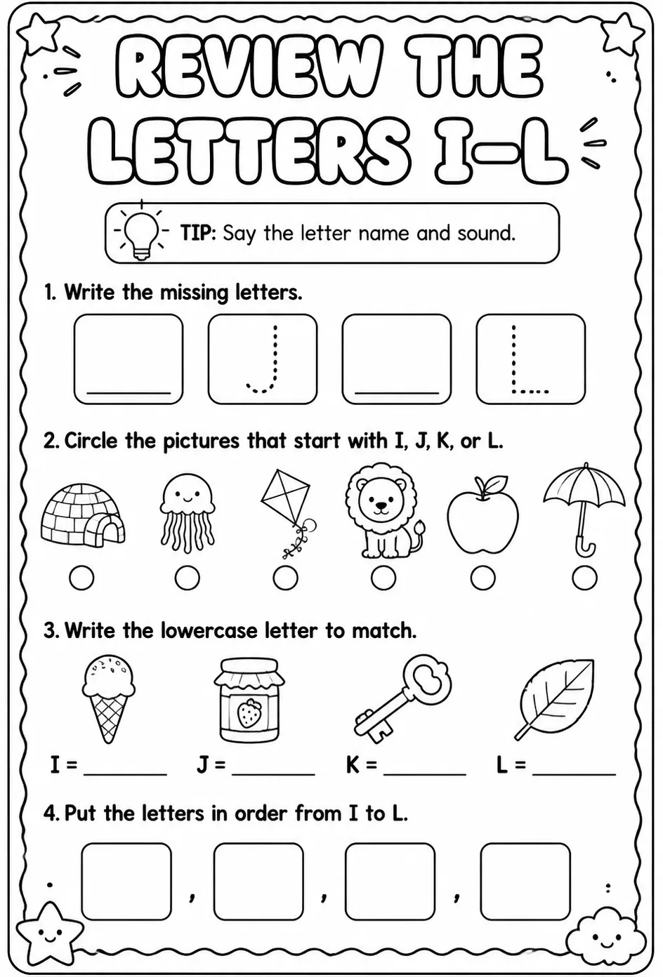 Review the letters I–L — free printable Reading foundations English worksheet