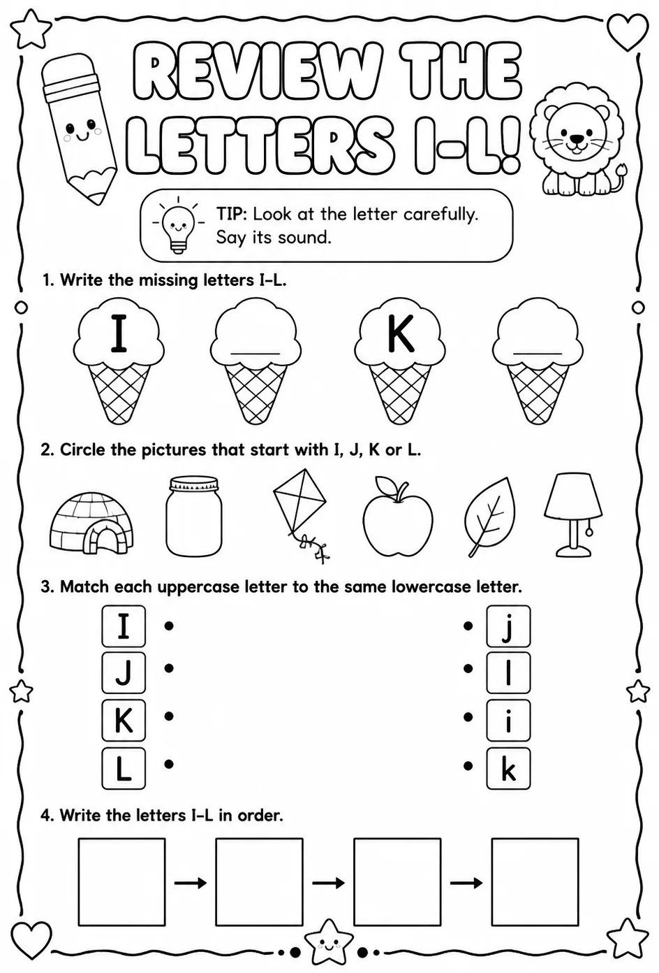 Review the letters I–L — free printable Pre-K English & Reading worksheet