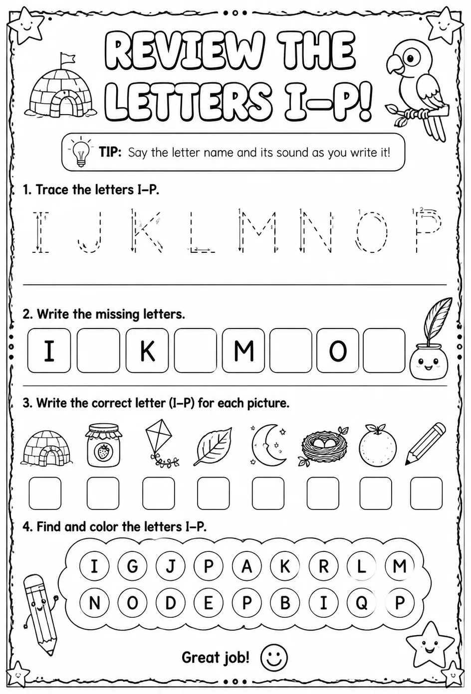 Review the letters I–P — free printable Reading foundations English worksheet