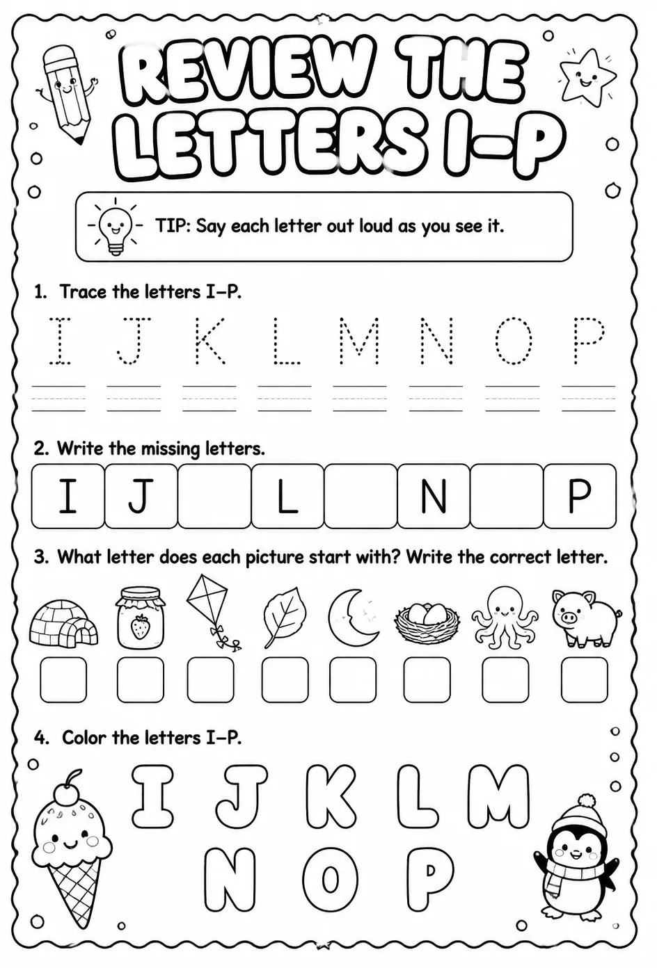 Review the letters I–P — free printable Pre-K English & Reading worksheet