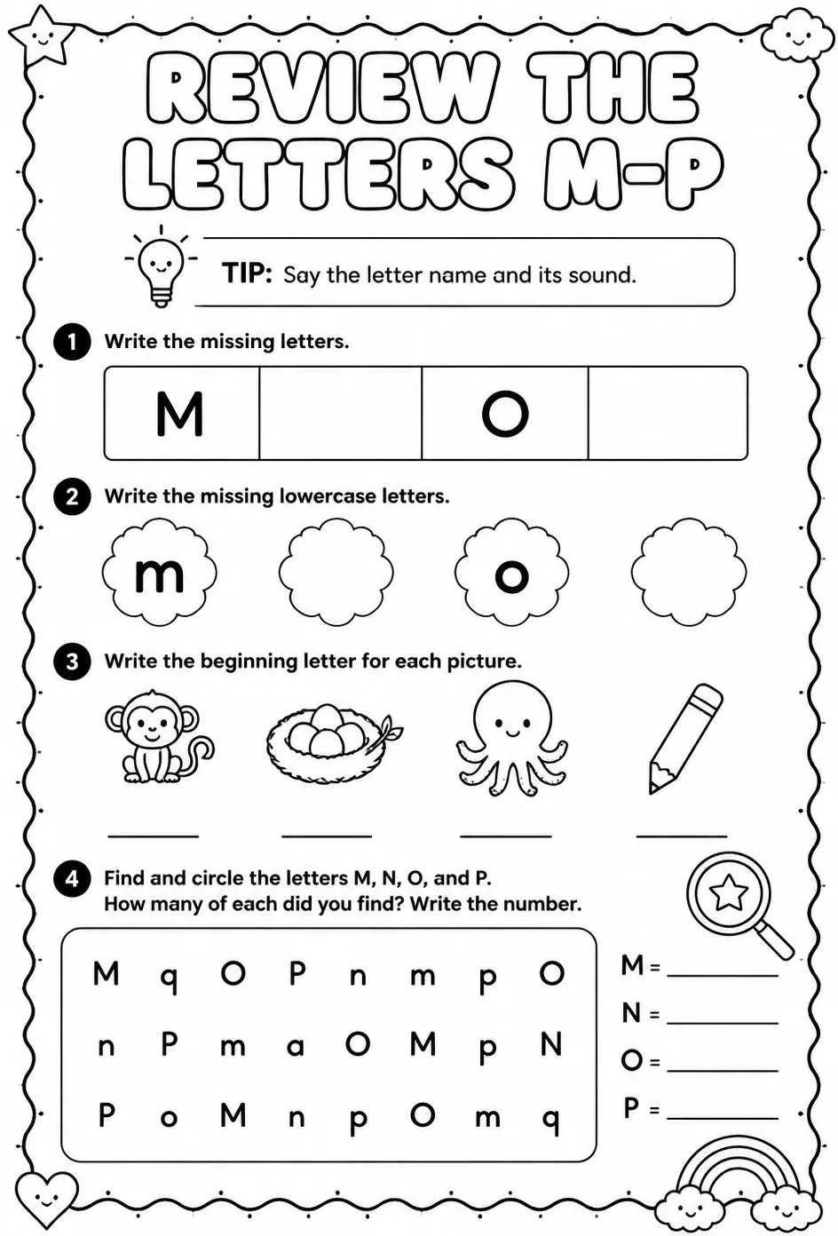 Review the letters M–P — free printable Reading foundations English worksheet