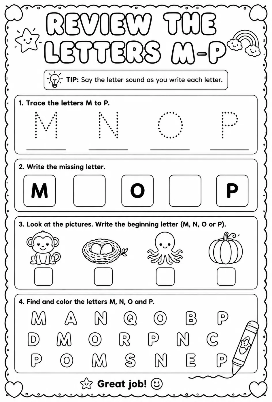 Review the letters M–P — free printable Pre-K English & Reading worksheet