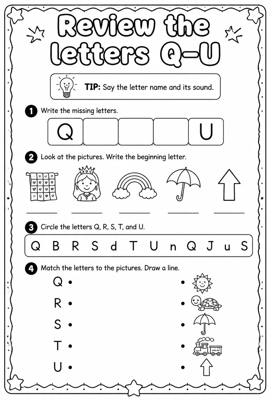 Review the letters Q–U — free printable Reading foundations English worksheet