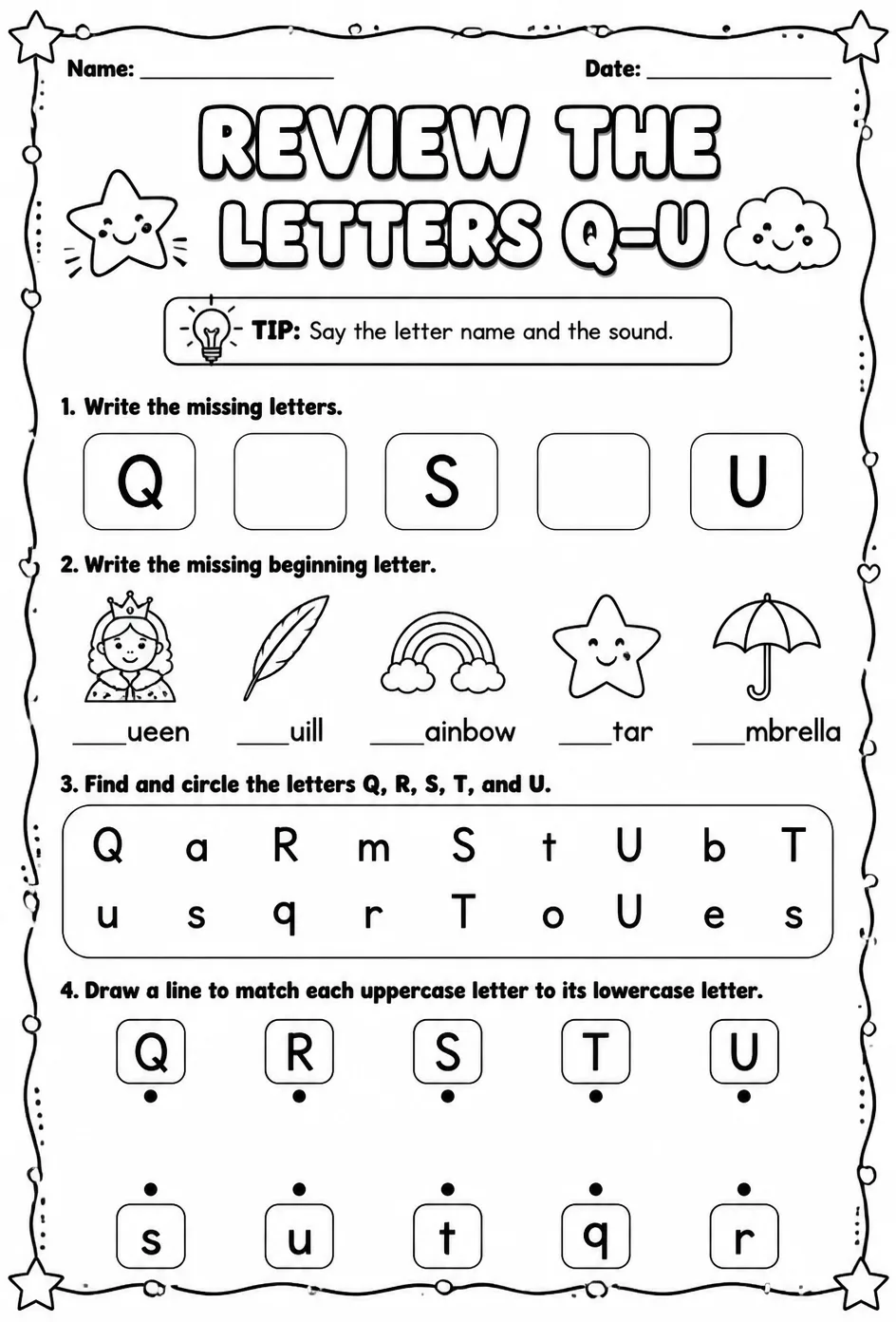 Review the letters Q–U — free printable Pre-K English & Reading worksheet
