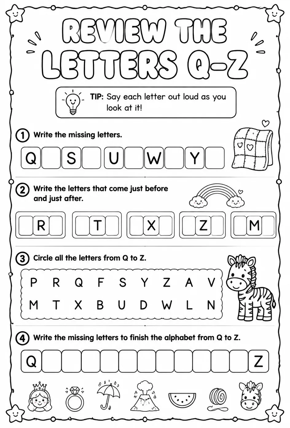 Review the letters Q–Z — free printable Reading foundations English worksheet