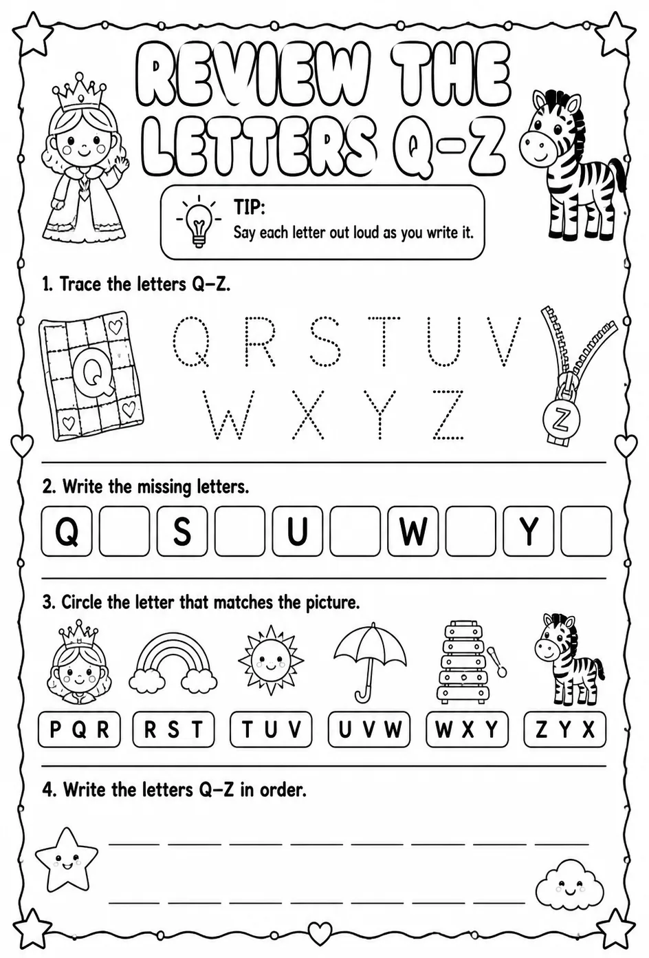 Review the letters Q–Z — free printable Pre-K English & Reading worksheet
