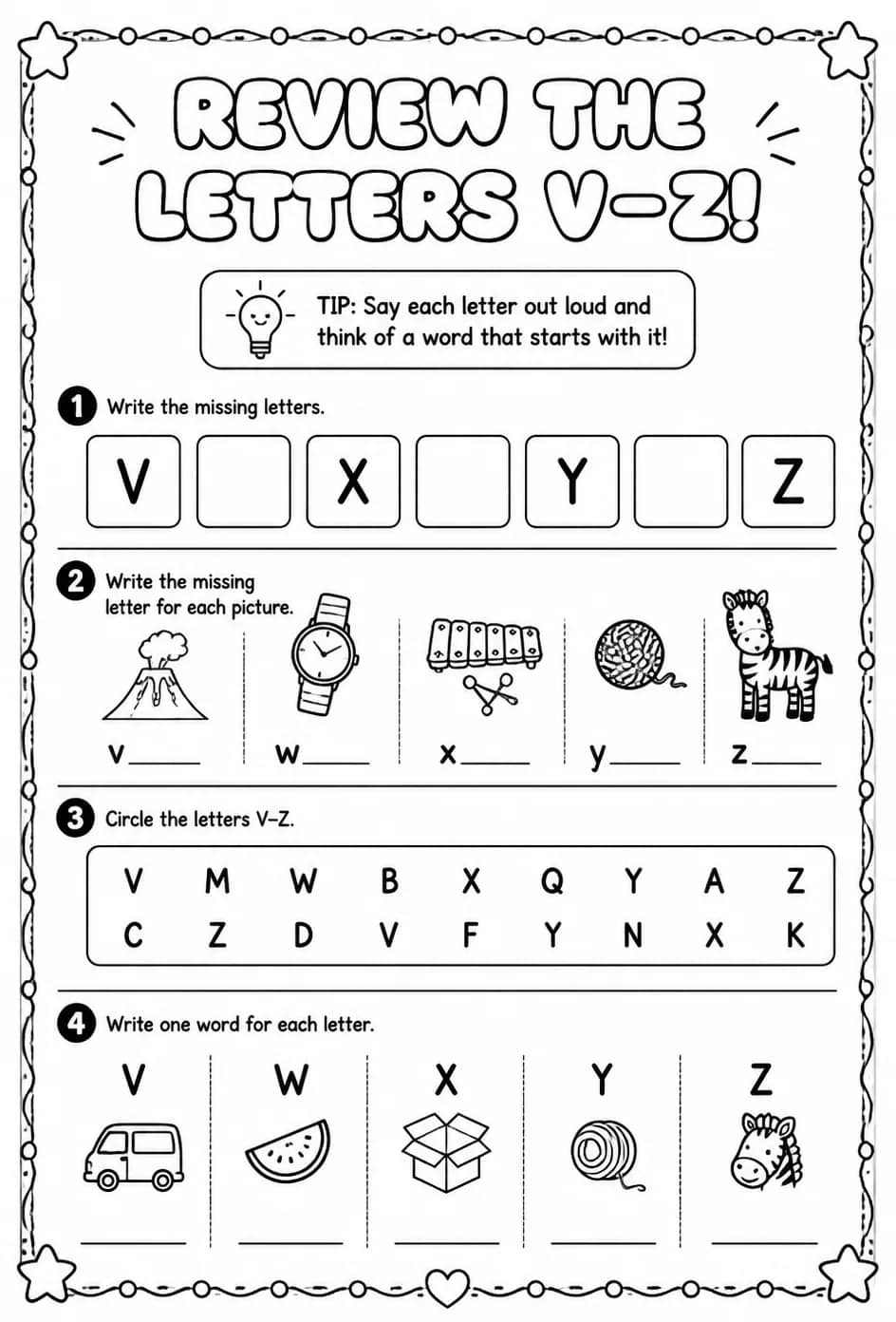 Review the letters V–Z — free printable Reading foundations English worksheet
