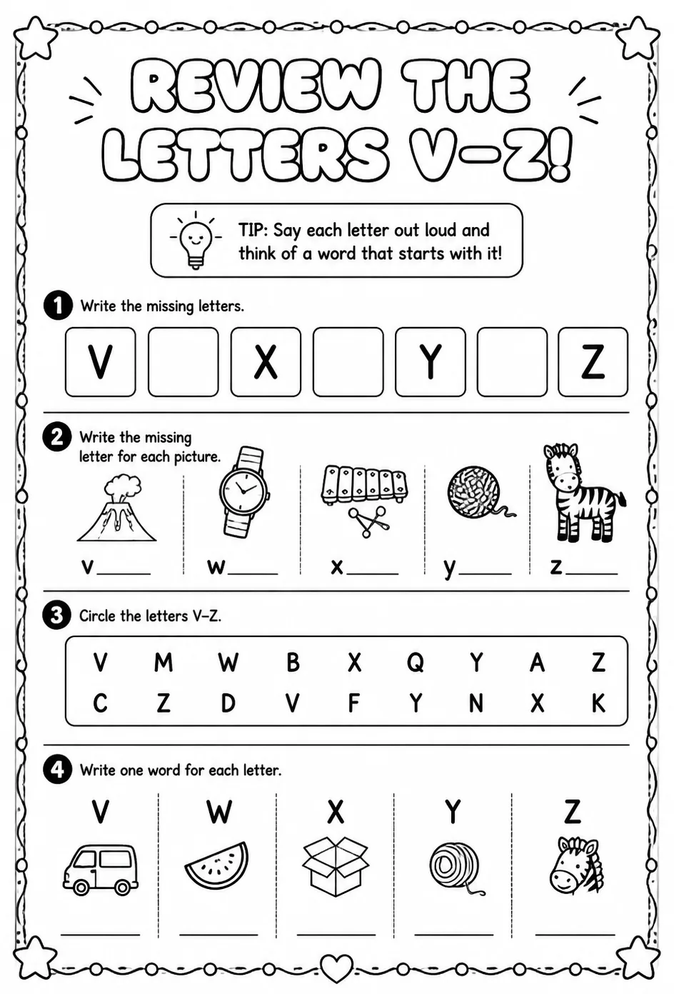 Review the letters V–Z — free printable Reading foundations English worksheet
