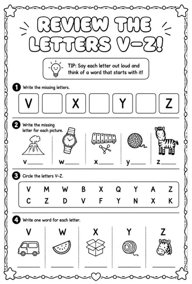 Review the letters V–Z