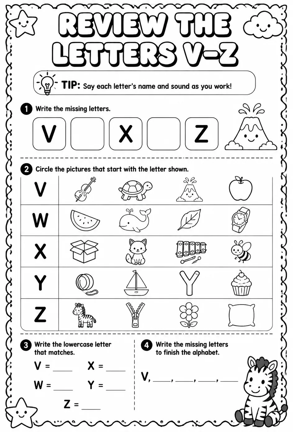 Review the letters V–Z — free printable Pre-K English & Reading worksheet