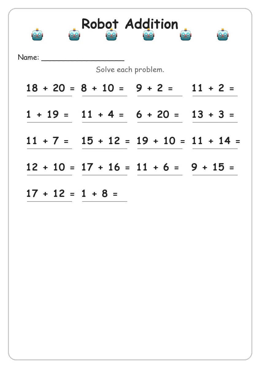 Robot addition worksheet for Grade 2