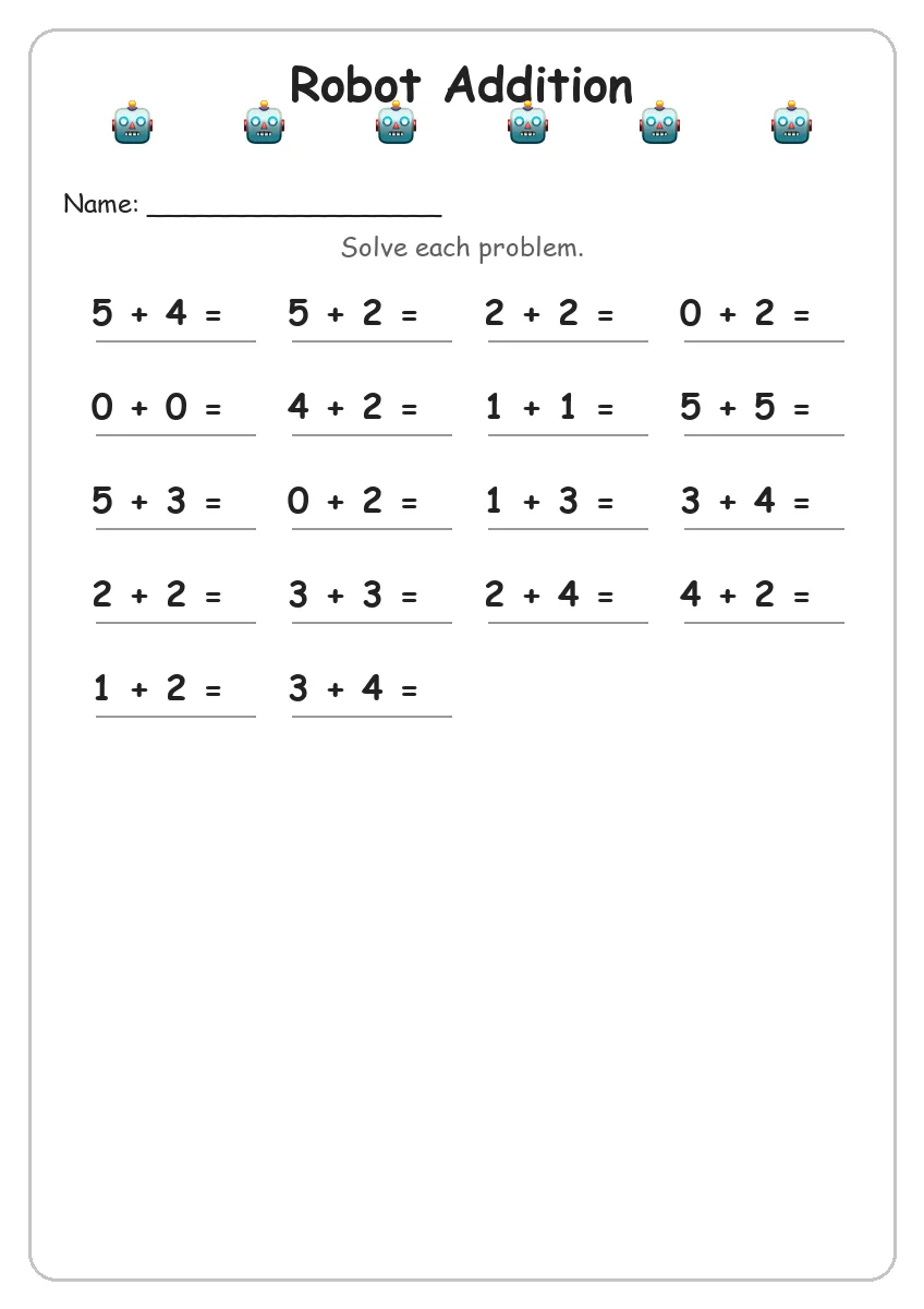 Robot addition worksheet for Kindergarten