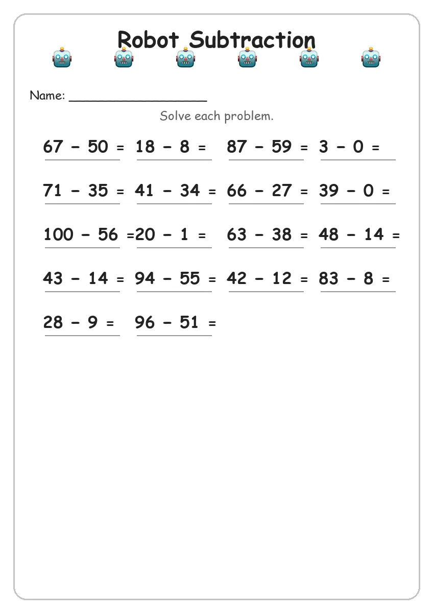 Robot subtraction worksheet for Grade 3