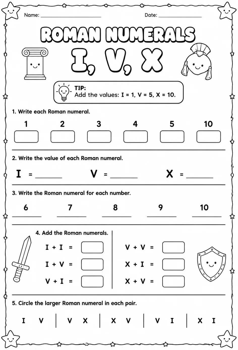 Roman numerals I, V, X — free printable Grade 2 math worksheet