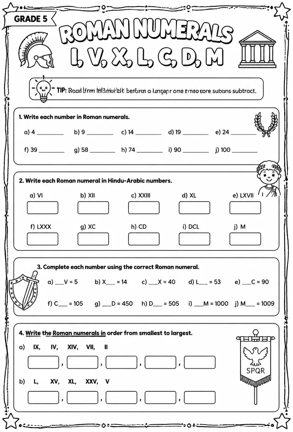 Roman numerals I, V, X, L, C, D, M — free printable Grade 5 math worksheet