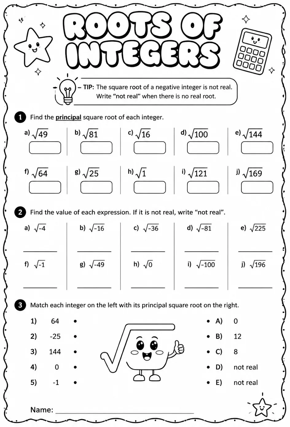 Roots of integers — free printable Algebra 2 math worksheet