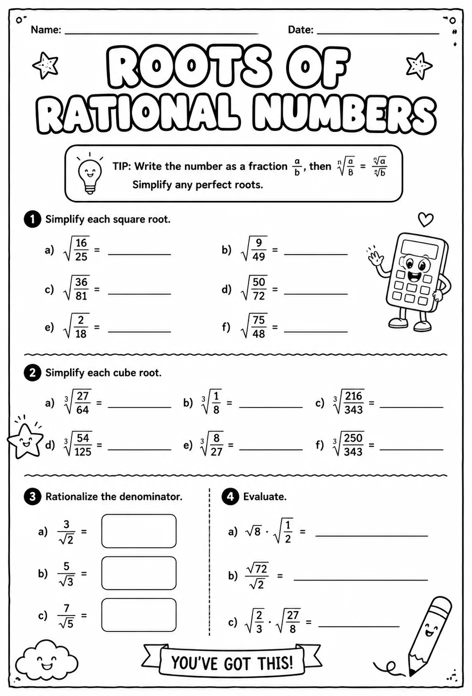 Roots of rational numbers — free printable Algebra 2 math worksheet
