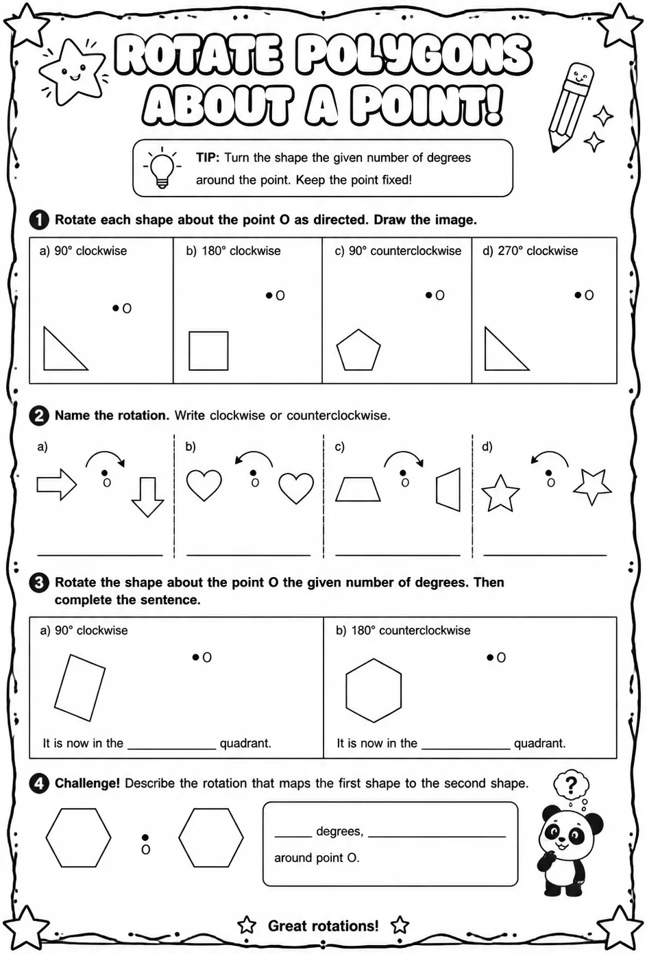 Rotate polygons about a point — free printable Geometry math worksheet