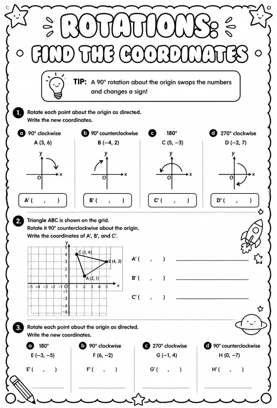 Rotations: find the coordinates — free printable Geometry math worksheet