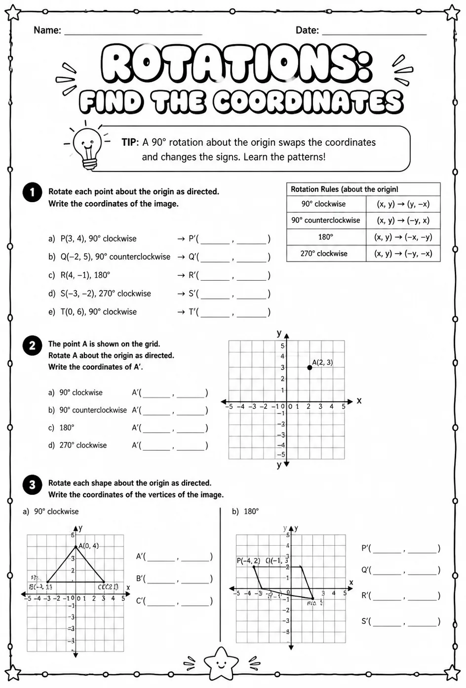 Rotations: find the coordinates — free printable Grade 7 math worksheet