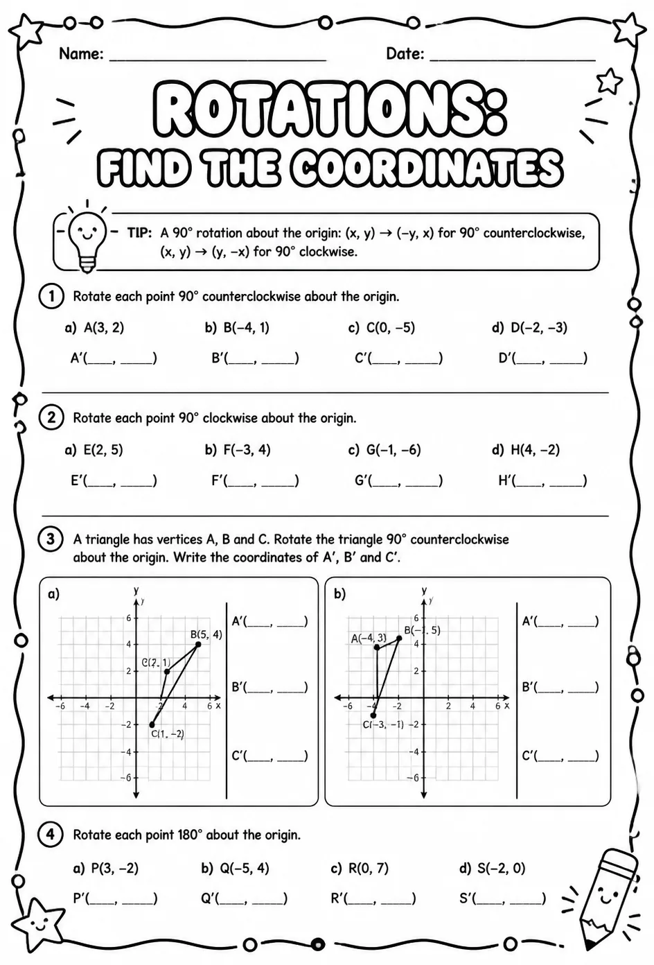 Rotations: find the coordinates — free printable Grade 8 math worksheet