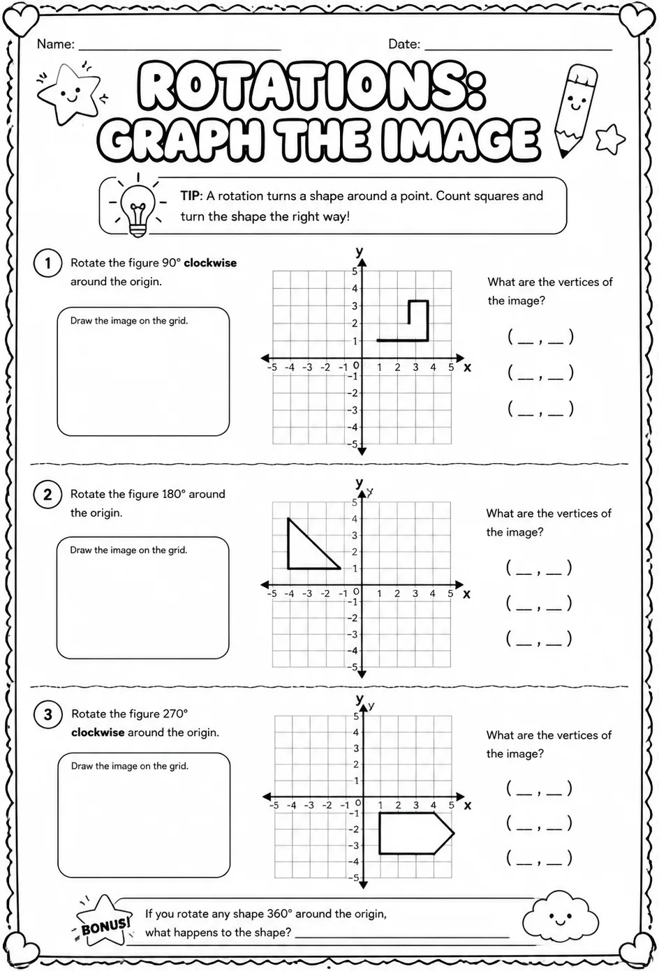Rotations: graph the image — free printable Geometry math worksheet