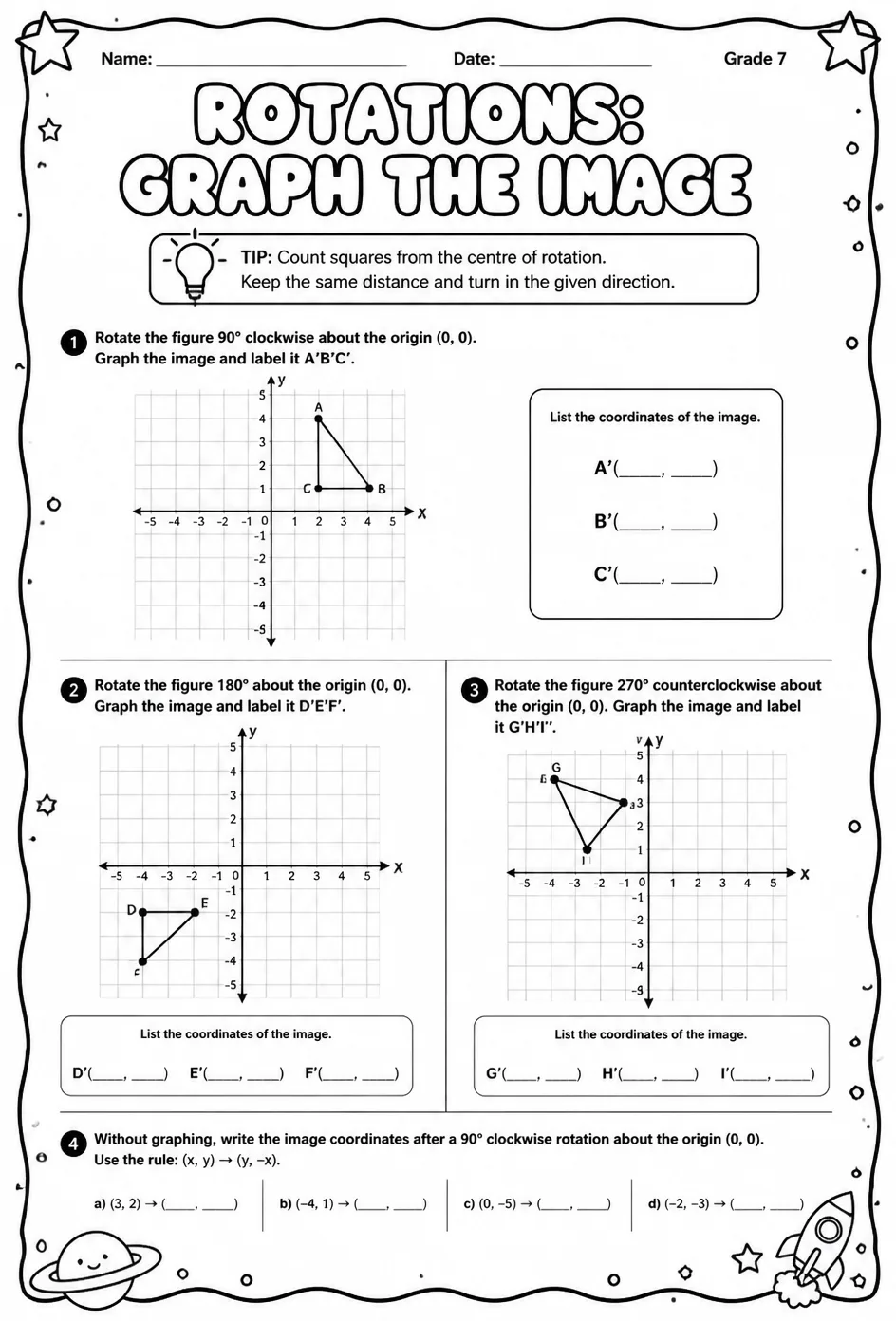 Rotations: graph the image — free printable Grade 7 math worksheet
